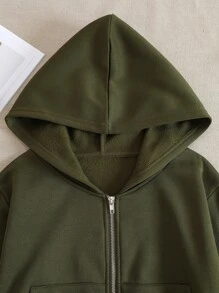 SHEIN EZwear 素色拉鏈開襟落肩袖短款連帽衫 - 軍綠色 - 查看 3