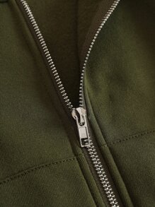 SHEIN EZwear 素色拉鏈開襟落肩袖短款連帽衫 - 軍綠色 - 查看 4