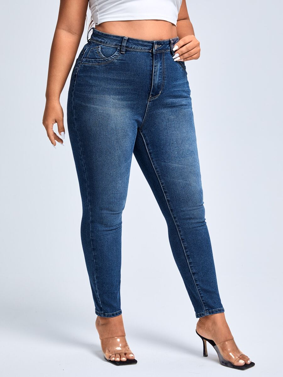 SHEIN Privé Plus High Waist Skinny Jeans - Dark Wash - View 1