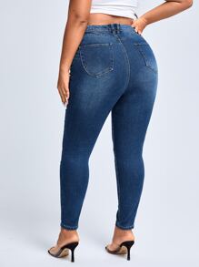SHEIN Privé Plus High Waist Skinny Jeans - Dark Wash - View 2