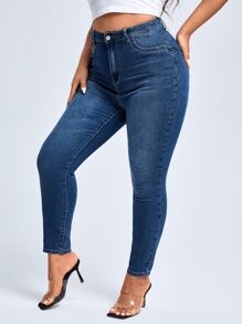 SHEIN Privé Plus High Waist Skinny Jeans - Dark Wash - View 3