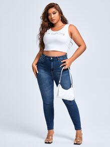 SHEIN Privé Plus High Waist Skinny Jeans - Dark Wash - View 4