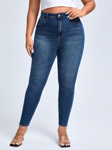 SHEIN Privé Plus High Waist Skinny Jeans - Dark Wash - View 5