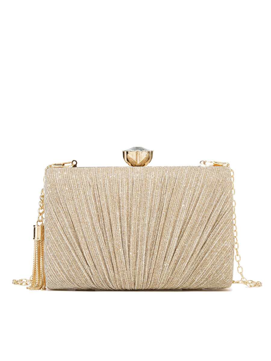 Glamorous Glitter Bling, Sequin, Luxury, Shiny Mini Glitter Rhinestone & Tassel Decor Chain Box Bag Evening Bag, Dinner Bag Faux Pearl, Rhinestone, Ruched, Crystal Decor For Party Girl, Woman, Bride Perfect For Party, Wedding, Prom, Dinner/Banquet, For - Gold - View 1