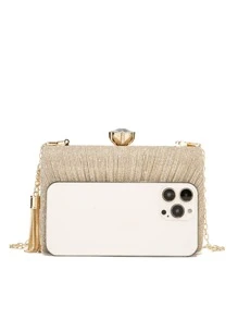 Glamorous Glitter Bling, Sequin, Luxury, Shiny Mini Glitter Rhinestone & Tassel Decor Chain Box Bag Evening Bag, Dinner Bag Faux Pearl, Rhinestone, Ruched, Crystal Decor For Party Girl, Woman, Bride Perfect For Party, Wedding, Prom, Dinner/Banquet, For - Gold - View 4