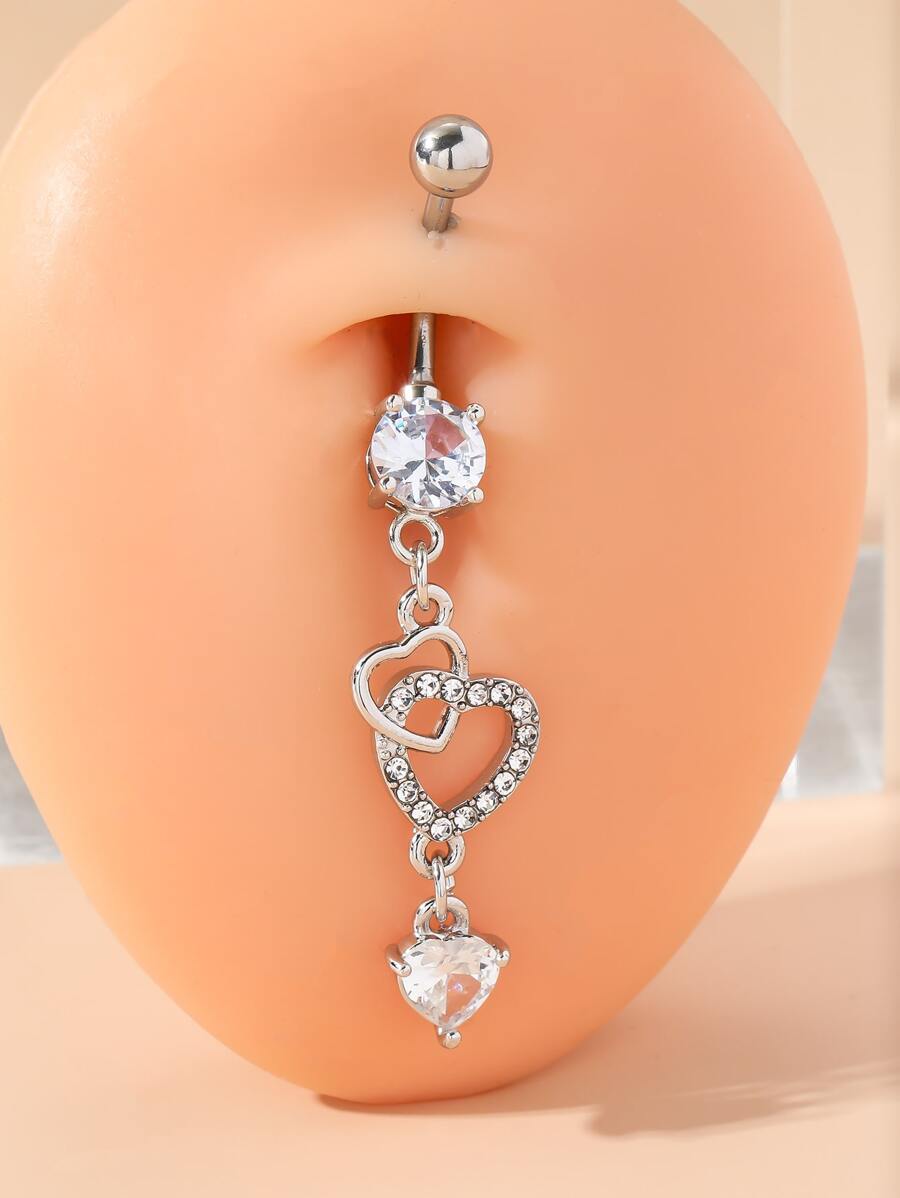 1pc Double Heart Shaped Cubic Zirconia Belly Button Ring Piercing Jewelry For Women Valentines - Silver - View 1