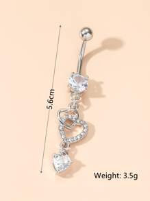 1pc Double Heart Shaped Cubic Zirconia Belly Button Ring Piercing Jewelry For Women Valentines - Silver - View 3