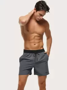 Manfinity KASUA Men Letter Graphic Drawstring Waist Swim Trunks & Compression Liner Milk Silk Lining,Hawaiian - Dark Grey - View 5