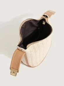 EMERY ROSE 迷你简约草编包新款编织草编手提包时尚女士包多功能单肩斜挎包礼物夏季海滩女孩女士学生夏季必备品，非常适合度假和度假 - 米色 - 查看 2