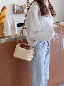 EMERY ROSE 迷你简约草编包新款编织草编手提包时尚女士包多功能单肩斜挎包礼物夏季海滩女孩女士学生夏季必备品，非常适合度假和度假 - 米色 - 查看 3