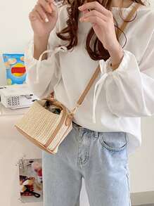 EMERY ROSE 迷你简约草编包新款编织草编手提包时尚女士包多功能单肩斜挎包礼物夏季海滩女孩女士学生夏季必备品，非常适合度假和度假 - 米色 - 查看 6