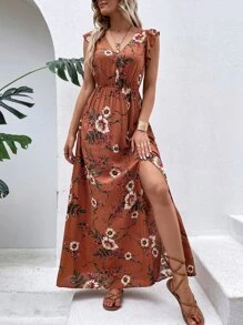 Breezaya Floral Print Ruffle Trim Slit Thigh Dress Without Belt Maxi Vacation Beach Outfits Women - Rust Brown - View 4