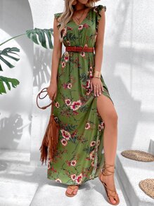 Breezaya Đầm Maxi Đi Biển In Hoa Ruffle Trim Slit Đùi Không Thắt Lưng Trang Phục Kỳ Nghỉ Cho Nữ - Màu xanh Ô liu - Xem 1