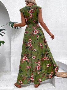 Breezaya Đầm Maxi Đi Biển In Hoa Ruffle Trim Slit Đùi Không Thắt Lưng Trang Phục Kỳ Nghỉ Cho Nữ - Màu xanh Ô liu - Xem 2