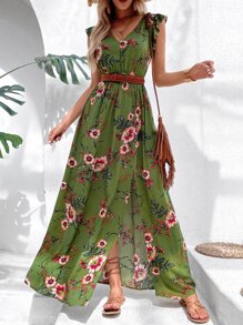 Breezaya Đầm Maxi Đi Biển In Hoa Ruffle Trim Slit Đùi Không Thắt Lưng Trang Phục Kỳ Nghỉ Cho Nữ - Màu xanh Ô liu - Xem 3