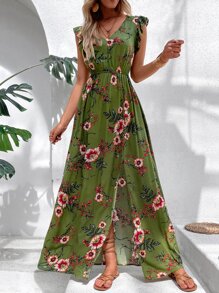 Breezaya Đầm Maxi Đi Biển In Hoa Ruffle Trim Slit Đùi Không Thắt Lưng Trang Phục Kỳ Nghỉ Cho Nữ - Màu xanh Ô liu - Xem 4