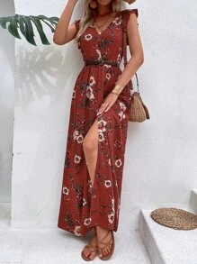 Breezaya Đầm Xù Tách cao Hoa Boho - Đỏ - Xem 1