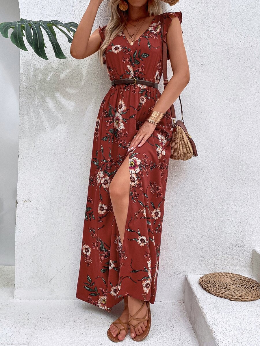 Breezaya Đầm Xù Tách cao Hoa Boho - Đỏ - Xem 1