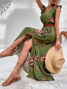 Breezaya Đầm Maxi Đi Biển In Hoa Ruffle Trim Slit Đùi Không Thắt Lưng Trang Phục Kỳ Nghỉ Cho Nữ - Màu xanh Ô liu - Xem 5