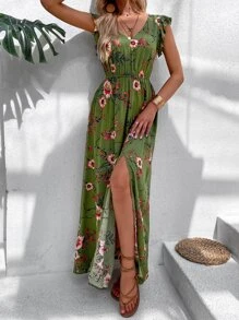 Breezaya Đầm Maxi Đi Biển In Hoa Ruffle Trim Slit Đùi Không Thắt Lưng Trang Phục Kỳ Nghỉ Cho Nữ - Màu xanh Ô liu - Xem 6
