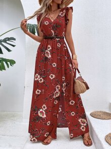 Breezaya Đầm Xù Tách cao Hoa Boho - Đỏ - Xem 3