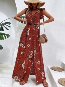 Breezaya Đầm Xù Tách cao Hoa Boho - Đỏ - Xem 4