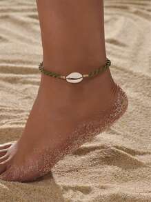 1pc Vacation Shell Decor Green Wax Rope Anklet For Women For Daily Decoration - Multicolor - View 1