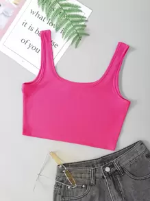 SHEIN EZwear Rib-knit Crop Tank Top - Hot Pink - View 2