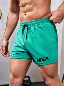 Manfinity Fitness Boyfriend Style Men Letter Graphic Drawstring Waist Sports Shorts Gym Shorts Jogger Shorts - Mint Green - View 1