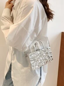 防水、輕盈、商務休閒迷你金屬頂部提手紋理鏈條箱包，適合青少年女孩、女大學生、菜鳥和白領，非常適合辦公室、大學、工作、商務、通勤、戶外、旅行、郊遊 - 銀色 - 查看 4