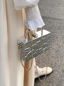 防水、輕盈、商務休閒迷你金屬頂部提手紋理鏈條箱包，適合青少年女孩、女大學生、菜鳥和白領，非常適合辦公室、大學、工作、商務、通勤、戶外、旅行、郊遊 - 銀色 - 查看 5