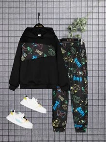 SHEIN Boys Reflective Letter & Gamepad Print Hoodie and Joggers Set - Multicolor - View 3