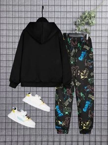 SHEIN Boys Reflective Letter & Gamepad Print Hoodie and Joggers Set - Multicolor - View 4