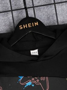 SHEIN Boys Reflective Letter & Gamepad Print Hoodie and Joggers Set - Multicolor - View 7