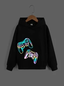 SHEIN Tween Boy Reflective Gamepad Print Sweatshirt - Black - View 1