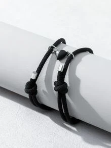 2pcs Men Magnetic Heart Decor Bracelet - Black - View 2
