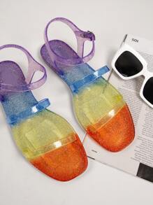 Multicolor Double Strap Clear Jelly Flat Sandals - Multicolor - View 2