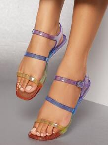 Multicolor Double Strap Clear Jelly Flat Sandals - Multicolor - View 3