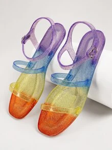 Multicolor Double Strap Clear Jelly Flat Sandals - Multicolor - View 4