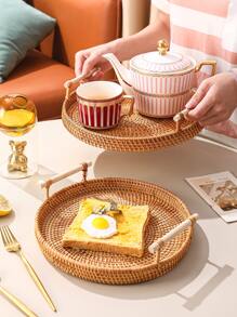 1 件装双手柄圆形藤条托盘，圆形零食托盘，适合家庭圣诞礼物 - 卡其色 - 查看 4