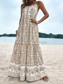 Breezaya Vestido de tirantes con estampado de plantas bajo con fruncido - Multicolor - Ver 1