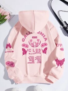 SHEIN Qutie Butterfly And Letter Graphic Kangaroo Pocket Thermal Lined Drawstring Hoodie - Baby Pink - View 1