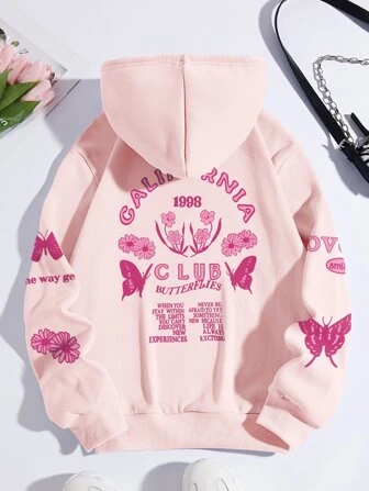 Butterfly And Letter Graphic Kangaroo Pocket Thermal Lined Drawstring Hoodie