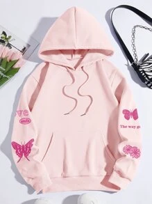 SHEIN Qutie Butterfly And Letter Graphic Kangaroo Pocket Thermal Lined Drawstring Hoodie - Baby Pink - View 2