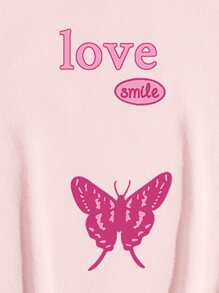 SHEIN Qutie Butterfly And Letter Graphic Kangaroo Pocket Thermal Lined Drawstring Hoodie - Baby Pink - View 4