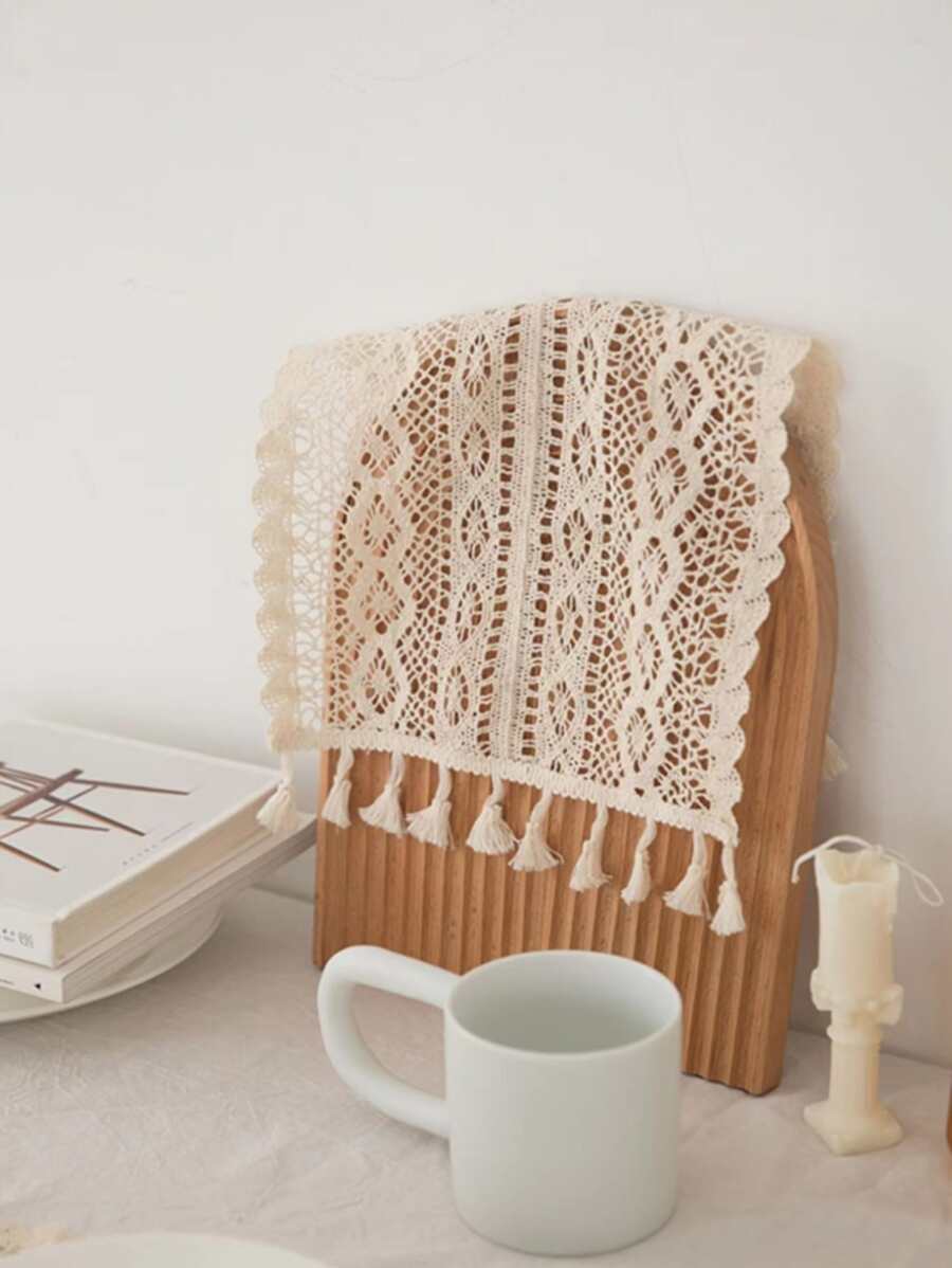 1入組鏤空流蘇邊餐墊,波西米亞織物編織設計餐墊適用於晚餐桌子 - 米色 - 查看 1