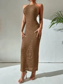 Breezaya Crochet Backless Halter Neck Bodycon Dress