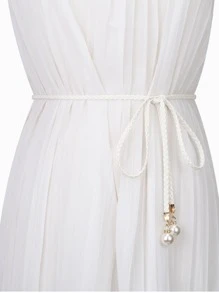 Faux Pearl Decor Rope Belt Boho Summer, School Fall, Autumn, Halloween - White - View 1