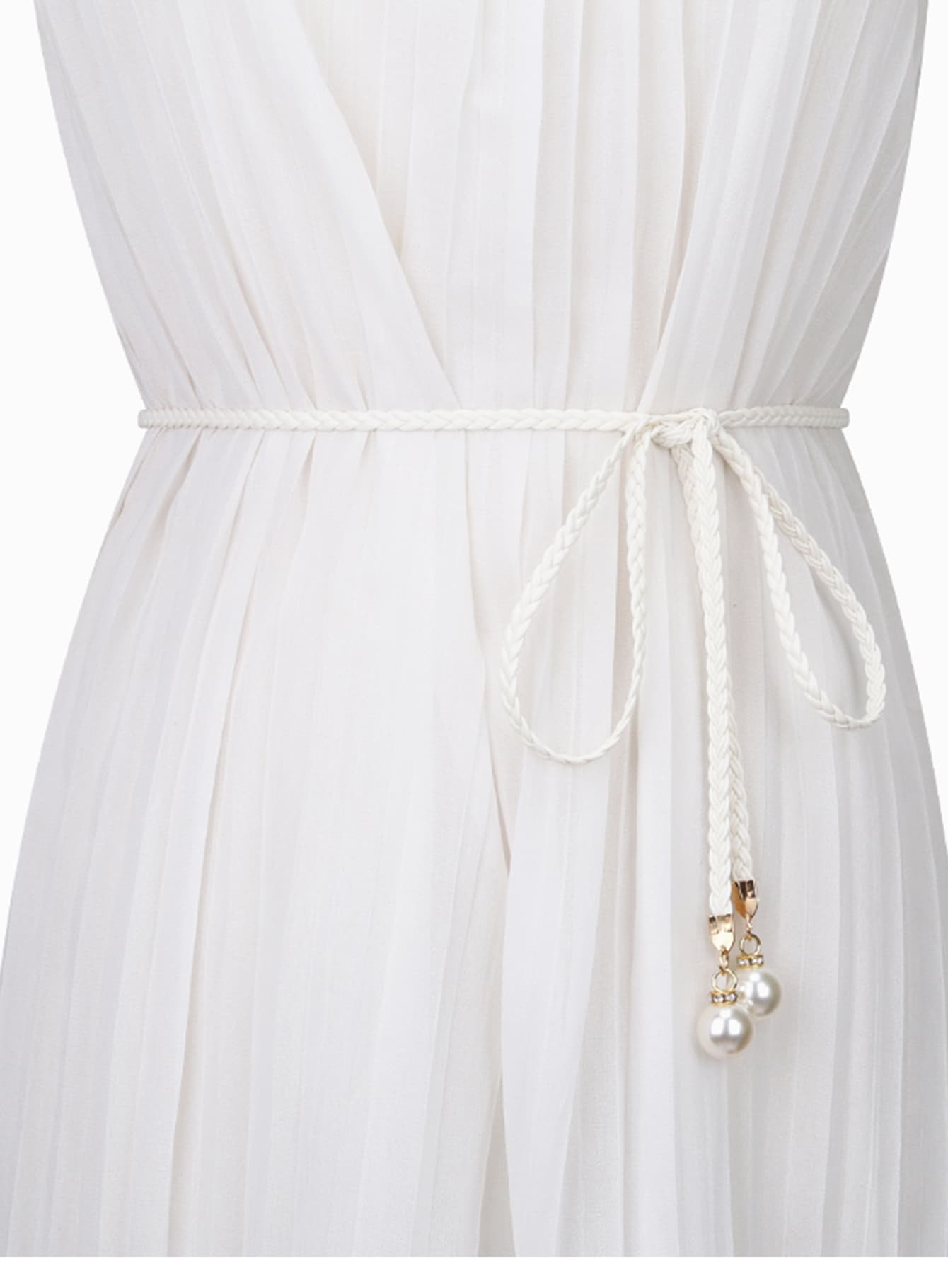 Faux Pearl Decor Rope Belt Boho Summer, School Fall, Autumn, Halloween - White - View 1