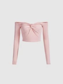 SHEIN MOD 一字肩前扭結胸部褶皺T恤 - 淺粉色 - 查看 1